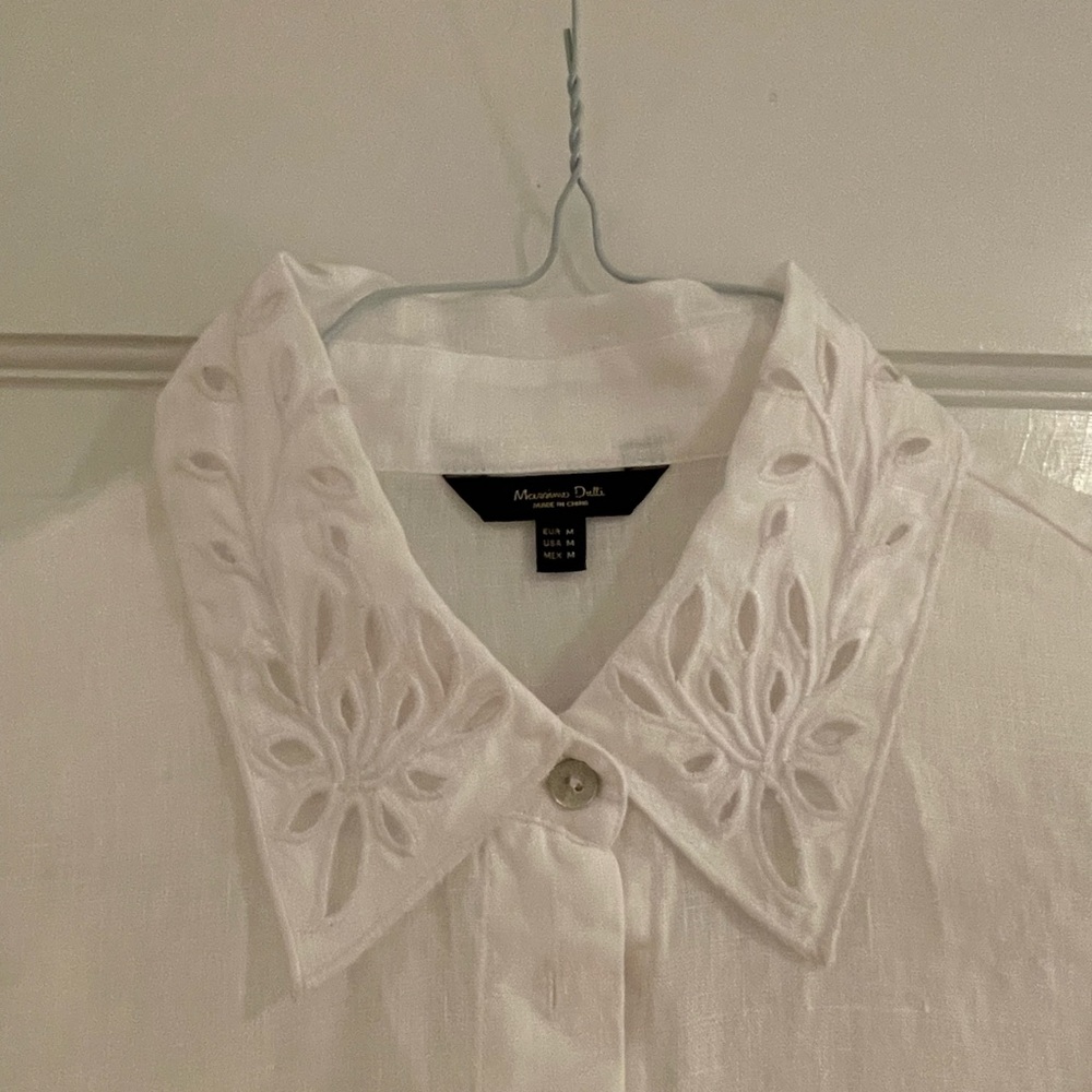 Massimo Dutti white linen shirt with embroidered lace collar - Picture 3 of 7